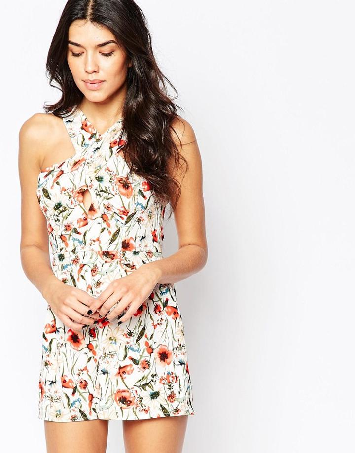 Parisian Cross Front Romper In Poppy And Daisy Print - White