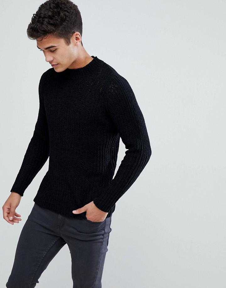 Brave Soul Soft Oversize Crew Neck Knit Sweater - Black