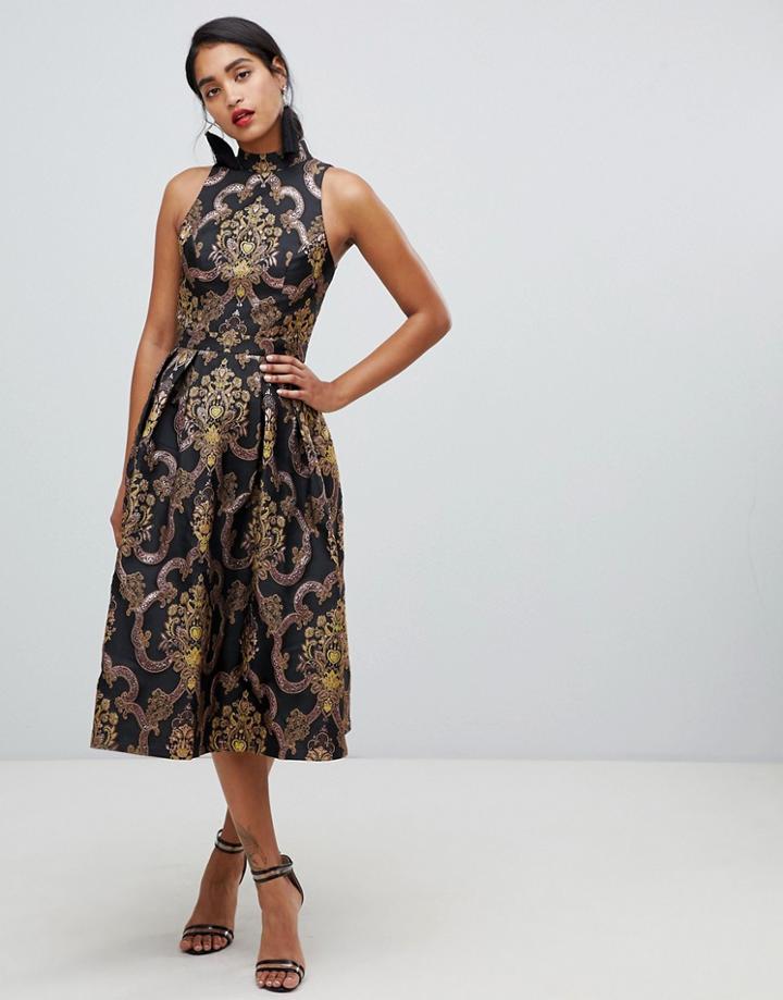 Chi Chi London Premium Jacquard Midi Skater Dress With Open Back In Multi - Multi