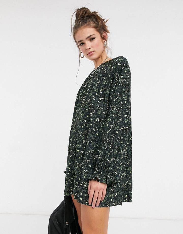 Asos Design Long Sleeve Smock Romper In Dark Floral-multi