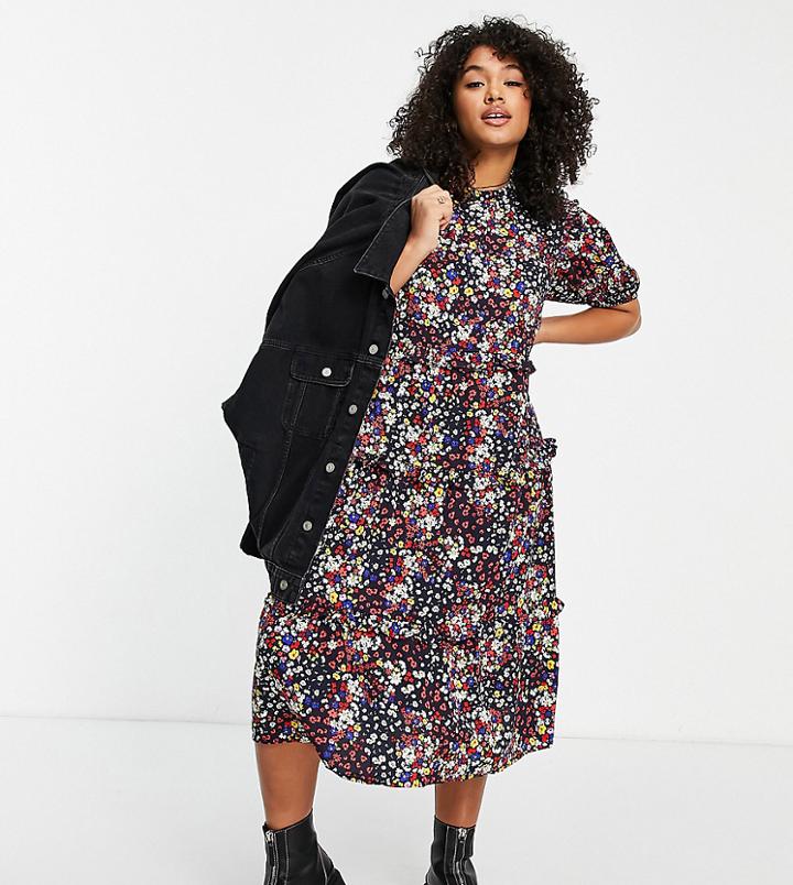 Influence Plus Frill Detail Midi Dress In Dark Floral-multi