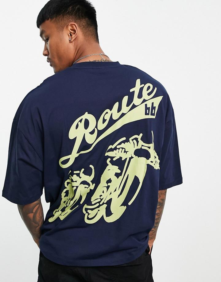 Asos Design Oversized T-shirt With Route 66 Print In Blue