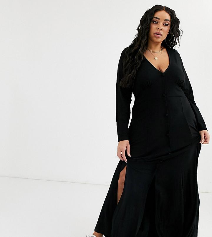 Asos Design Curve Long Sleeve Button Through Maxi Tea Dress With Splits-black