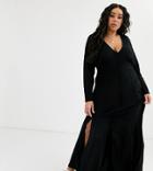 Asos Design Curve Long Sleeve Button Through Maxi Tea Dress With Splits-black
