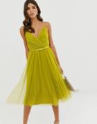Asos Design Belted Pleated Tulle Cami Midi Dress - Green