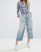 Only Wide Leg Crop Jean With Rips - Blue