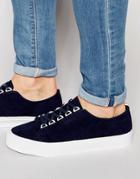 Asos Lace Up Sneakers In Navy Faux Suede - Navy