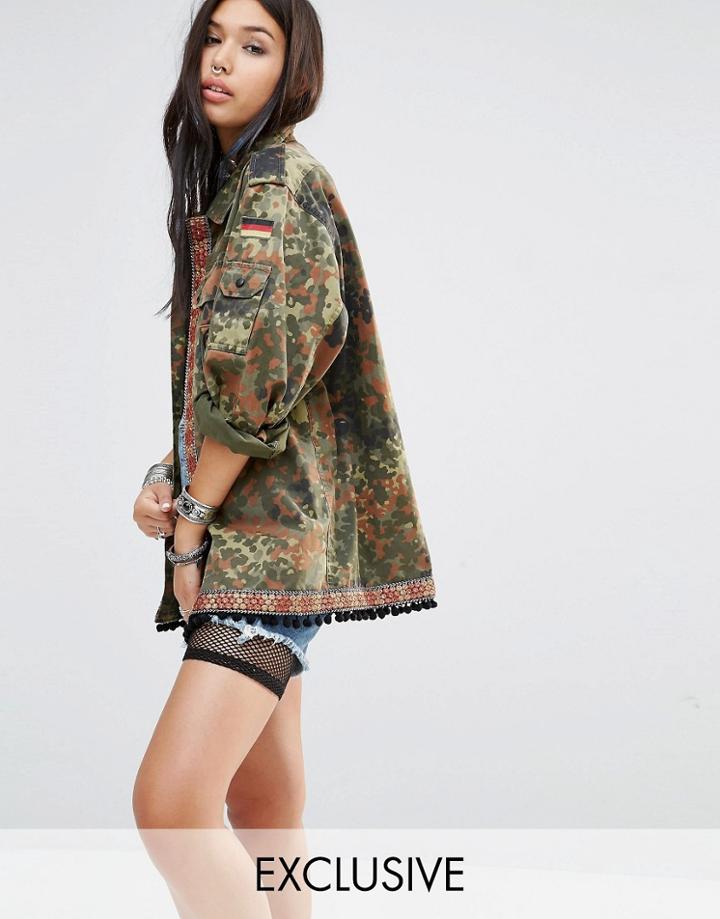 Milk It Vintage Camo Military Jacket With Mirror Tape Trim - Green