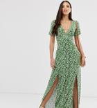 Asos Design Tall Button Through Maxi Tea Dress With Splits In Ditsy Print - Green