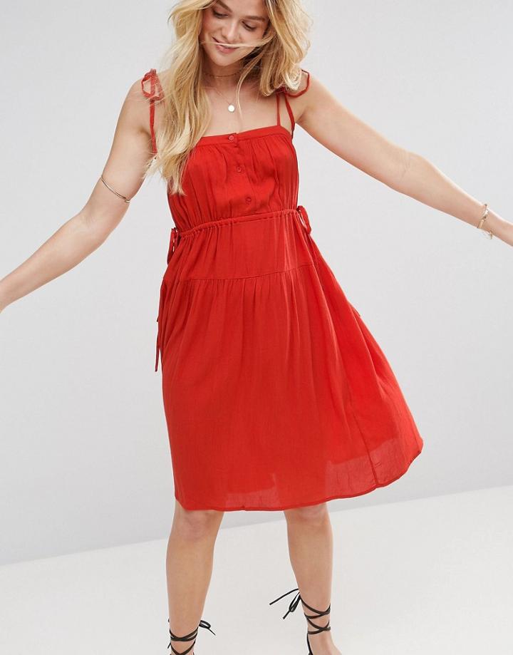 Asos Trapeze Midi Sundress With Channel Detail In Crinkle Fabric - Orange