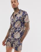 Urban Threads Satin Revere Collar Shirt In Bright Paisley Print-navy