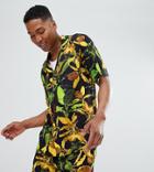 Reclaimed Vintage Inspired Short Sleeve Neon Leaf Print Shirt - Black