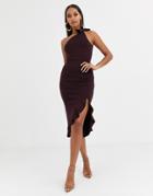 Asos Design One Shoulder Bow Detail Dipped Hem Midi Dress-pink