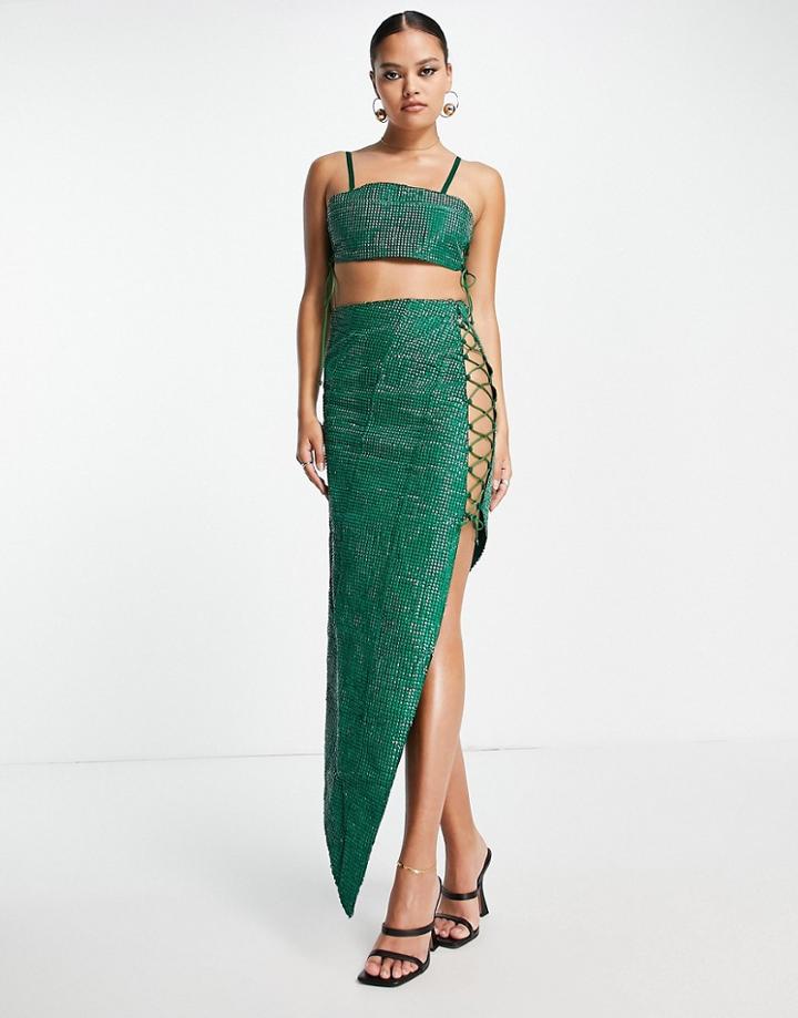 Starry Eyed Premium Bling Lace Up Side Asymmetric Midi Skirt In Green - Part Of A Set
