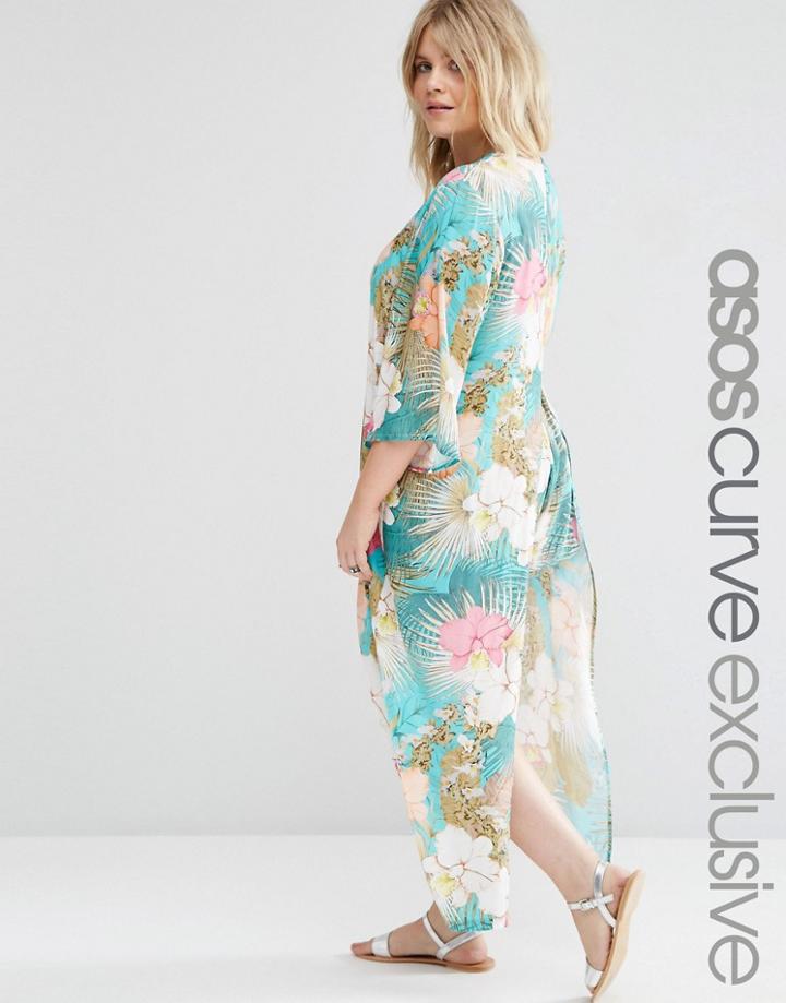 Asos Curve Split Side Maxi Beach Kimono In Tropical Floral Print - Print