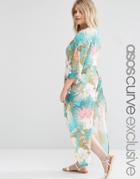 Asos Curve Split Side Maxi Beach Kimono In Tropical Floral Print - Print
