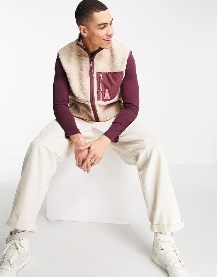 Asos Actual Relaxed Vest In Teddy Fleece With Contrast Details In Beige-neutral