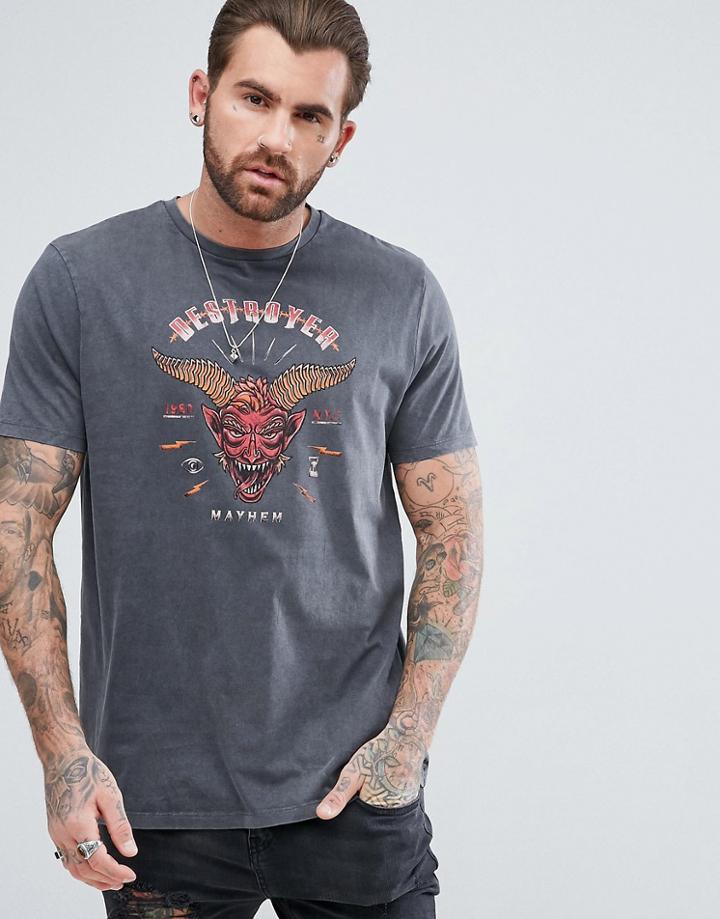 Asos Longline T-shirt With Destroyer Print And Acid Wash - Black