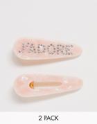 Asos Design Pack Of 2 Hair Clips With J'adore Slogan In Resin-pink