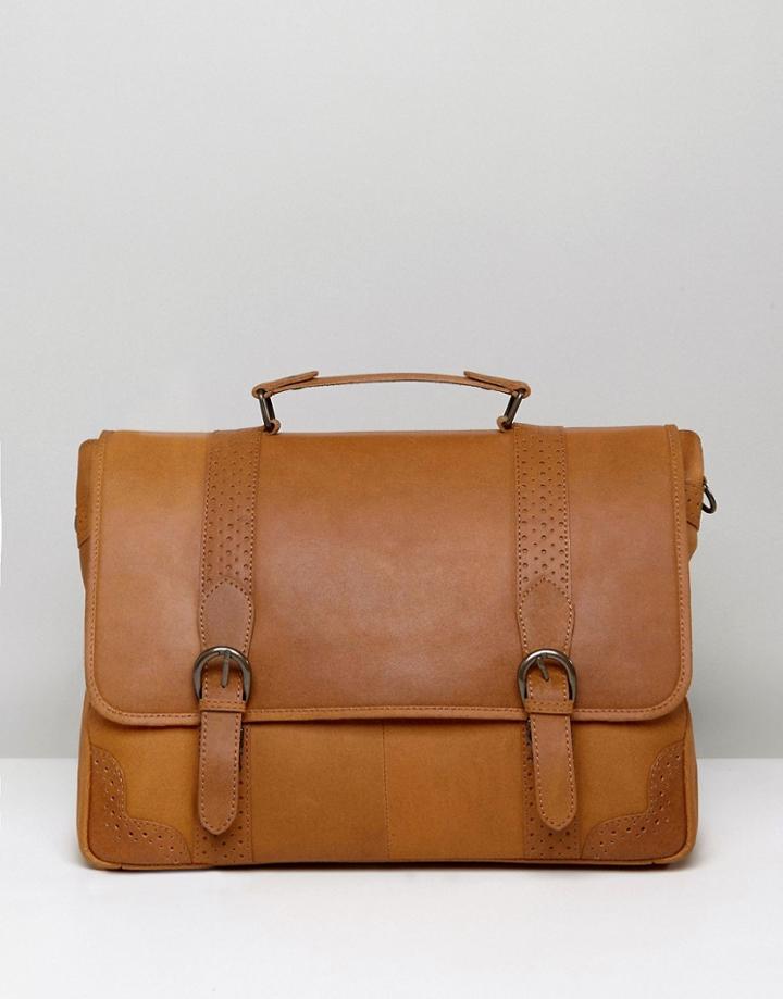 Asos Satchel In Tan Leather With Brogue Detailing - Tan