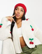 Asos Design Edge To Edge Cardi With Cherry Crochet-white