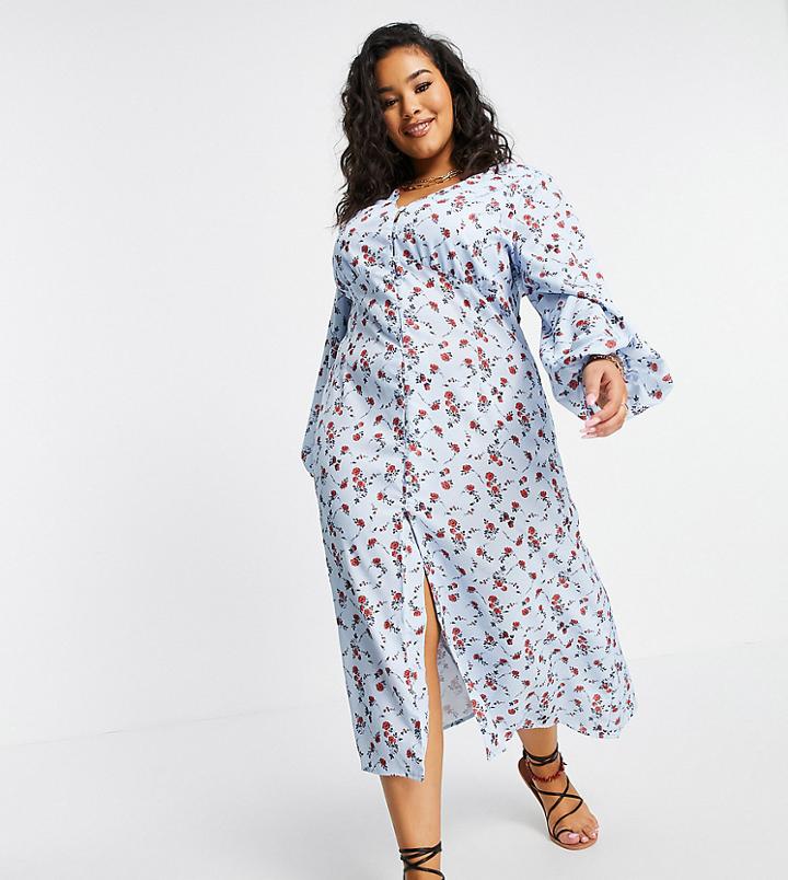 In The Style Plus Exclusive X Olivia Bowen Exclusive Puff Sleeve Button Detail Floaty Maxi Dress In Blue Floral Print-multi