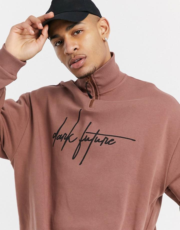 Asos Dark Future Half Zip Sweatshirt In Brown