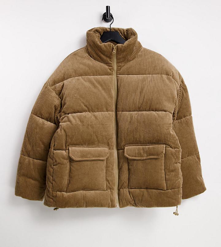Collusion Unisex Submarine Puffer In Beige Cord-neutral