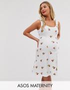 Asos Design Maternity Embroidered Rib Sundress With Tie Straps - White