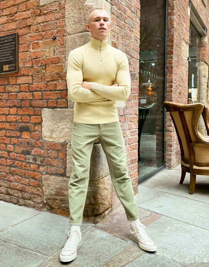 Asos Design Muscle Fit Ribbed Half Zip Sweater In Oatmeal-neutral