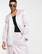 Asos Design Skinny Collarless Longline Satin Suit Jacket In Lilac-purple