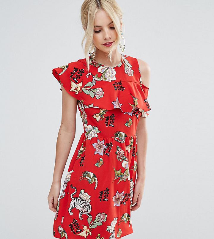 Asos Petite Ruffle Tea Mini Dress With Open Back In Badge Print - Red