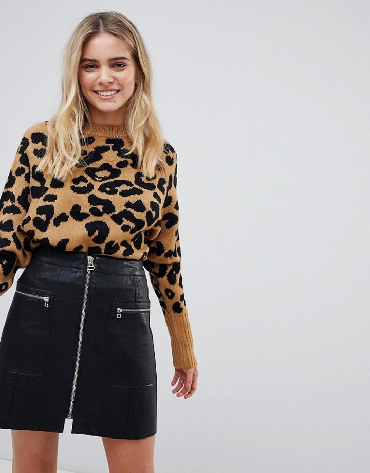Qed London Leopard Raglan Sweater - Tan