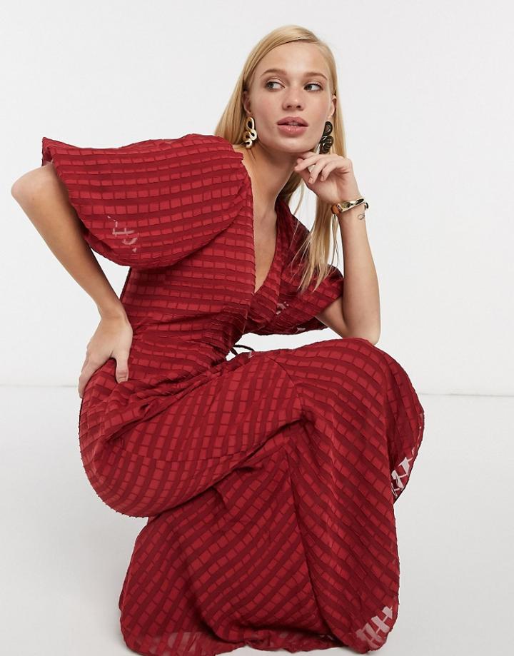 Asos Design Wrap Maxi Dress In Self Stripe In Oxblood-red