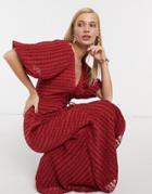 Asos Design Wrap Maxi Dress In Self Stripe In Oxblood-red