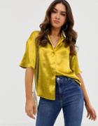 Asos Design Bowling Shirt In High Shine Satin - Green