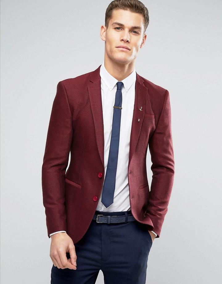 Asos Super Skinny Texture Blazer In Burgundy Wool Mix - Red