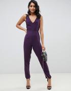 Asos Design Lace Trim Peg Leg Jumpsuit - Purple