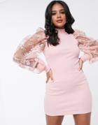 Femme Luxe Bodycon Dress With Floral Lace Balloon Sleeves In Pink