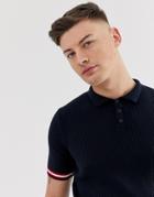 Asos Design Muscle Fit Knitted Ribbed Polo T-shirt In Navy With Tipping - Navy