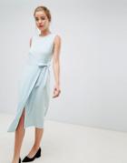 Closet London Tie V-back Pencil Dress In Sky Blue - Blue
