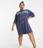 Yours Oversized New York Slogan Acid Wash Dress In Navy