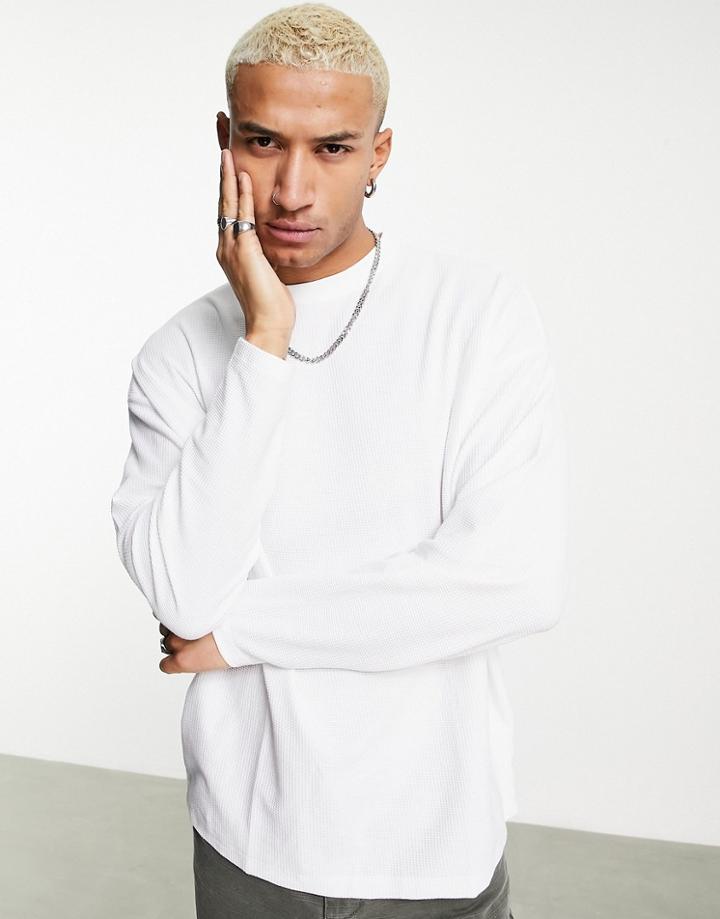 Asos Design Oversized Long Sleeve Waffle T-shirt In White