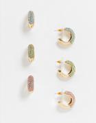 Asos Design Pack Of 3 Hoop Earrings In Color Crystal Drench In Gold Tone