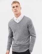 Selected Homme 100% Merino Knitted V-neck Sweater - Gray