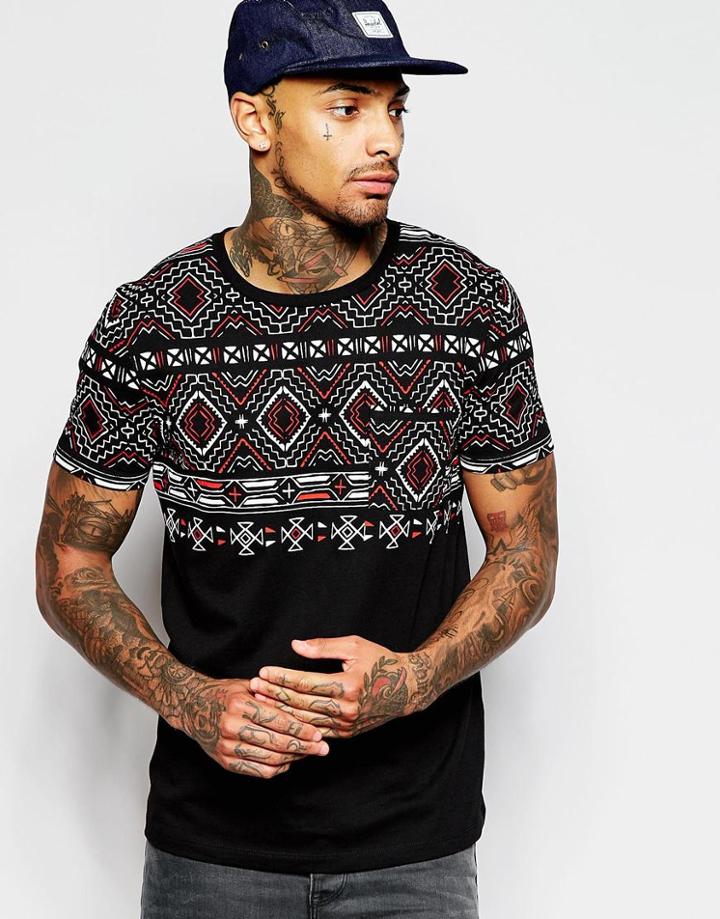 Asos T-shirt With Geo-tribal Print Yoke And Pocket - Black