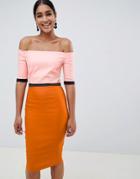 Vesper Color Block Bardot Pencil Dress - Orange