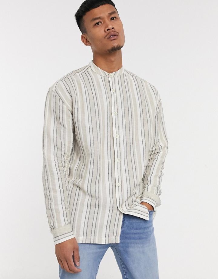 Asos Design 90s Oversized Shirt In Natural Ecru Stripe-neutral