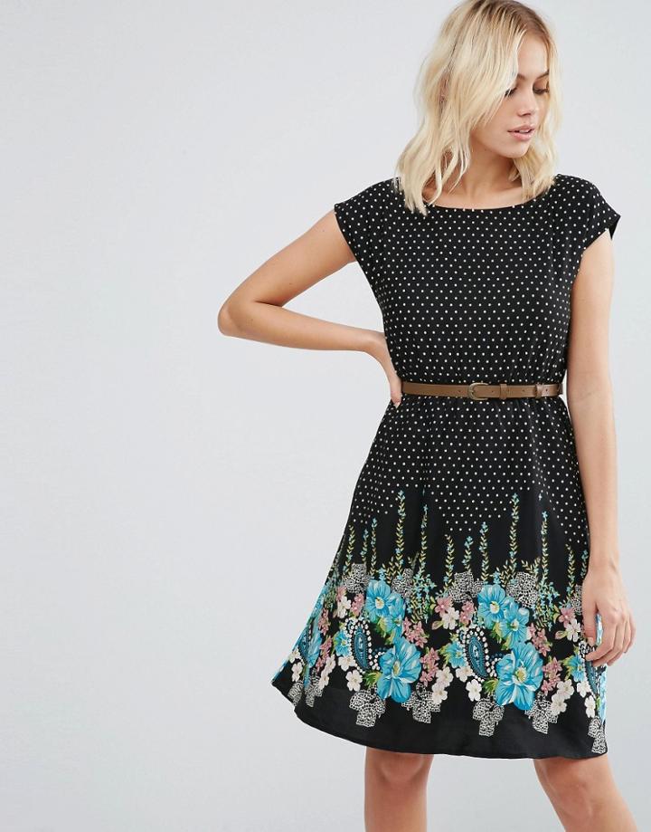 Yumi Border Print Skater Dress - Black