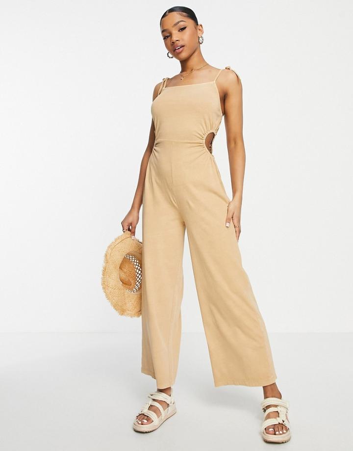 Asos Design Washed Cut Out Detail Cami Jumpsuit In Mushroom-neutral